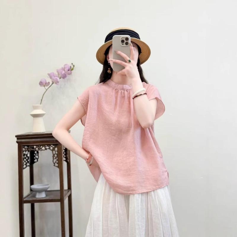 Sleeveless - ブラウス レディース ノースリーブ スタンドカラー ラミー 100番手 薄手 軽量 前後2WAY シンプル 無地 きれいめ 大人カジュアル 快適 プルオーバー レギュラーフィット