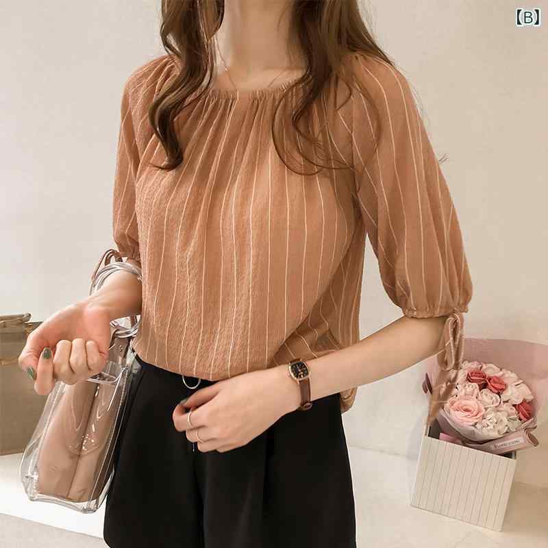 ブラウス レディース オフショルダー ストライプ柄 シフォン 半袖 ゆったり 体型カバー ランタンスリーブ ボリュームスリーブ ポリエステル きれいめ 通勤 オフィス カジュアル トップス ホワイト ピンク ブルー