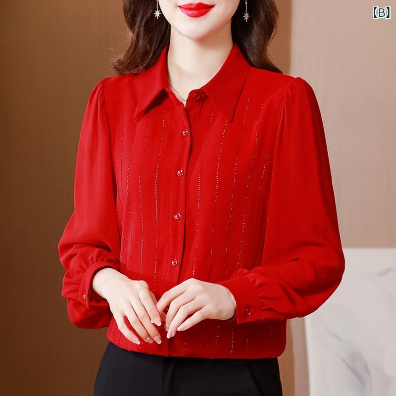 ブラウス レディース シフォン ブラック 黒 レッド 赤 長袖 ゆったり オーバーサイズ ポロ襟 きれいめ 上品 エレガント フェミニン カジュアル オフィス 通勤 トップス