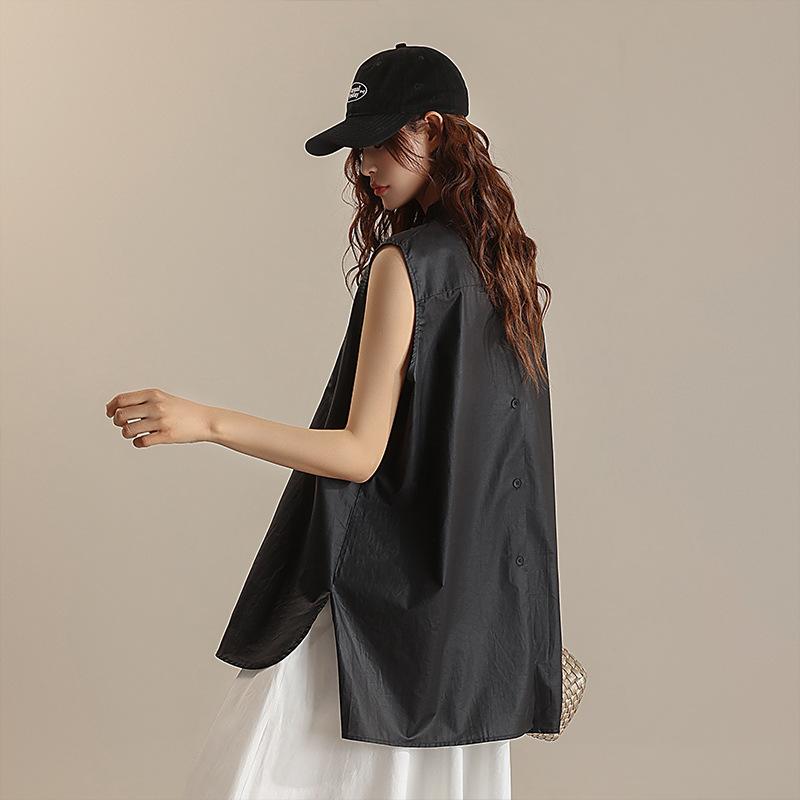 Sleeveless - ブラウス レディース 前後2WAY ノースリーブ スタンドカラー 切り替え コットン100% 薄手 軽量 ストレートシルエット 普段使い カジュアル 黒 白