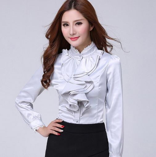 Long-Sleeved - ブラウス レディース 長袖 通勤 オフィス フォーマル スリムフィット 着痩せ効果 シフォン ポリエステル フリル ラッフル 立ち襟 シングルボタン 保温効果 上品 エレガント ホワイト ブラック ピンク グレー