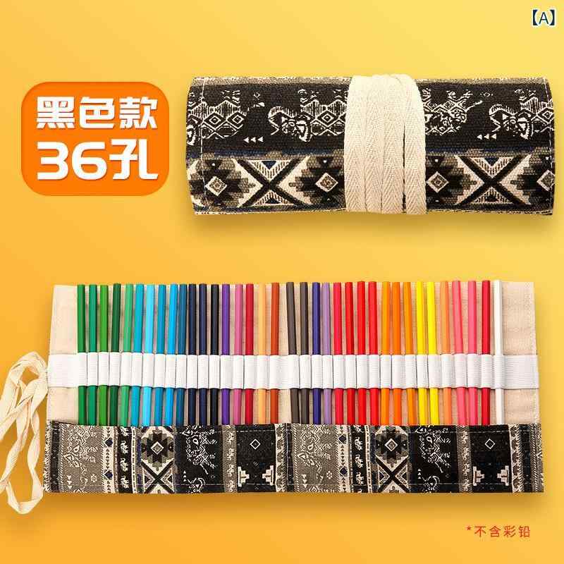 ロールペンケース 男女兼用 帆布製 大容量 色鉛筆 素描鉛筆 筆入れ 多機能 文房具 収納ポーチ ブラック 猫柄 民族風 手芸用 画材入れ grams-shop-11576736 Grams楽天市場店 サンプル画像2