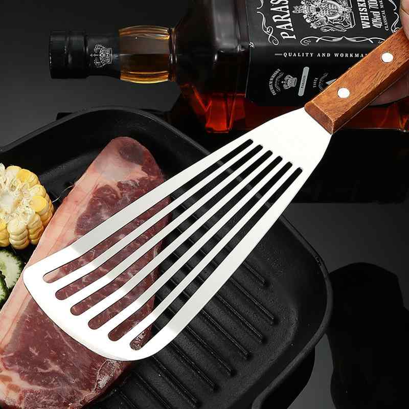 料理ヘラ ステンレス製 穴あき 水切り フライ返し 木製ハンドル ステーキ パンケーキ 鉄板焼き 屋台 バ..