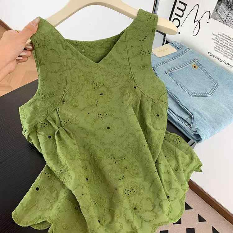 Sleeveless - ブラウス レディース 韓国風 Vネック ノースリーブ 透かし織り ジャガード 刺繍 夏 きれいめ 上品 トップス カジュアル ポリエステル ゆったり グリーン 緑