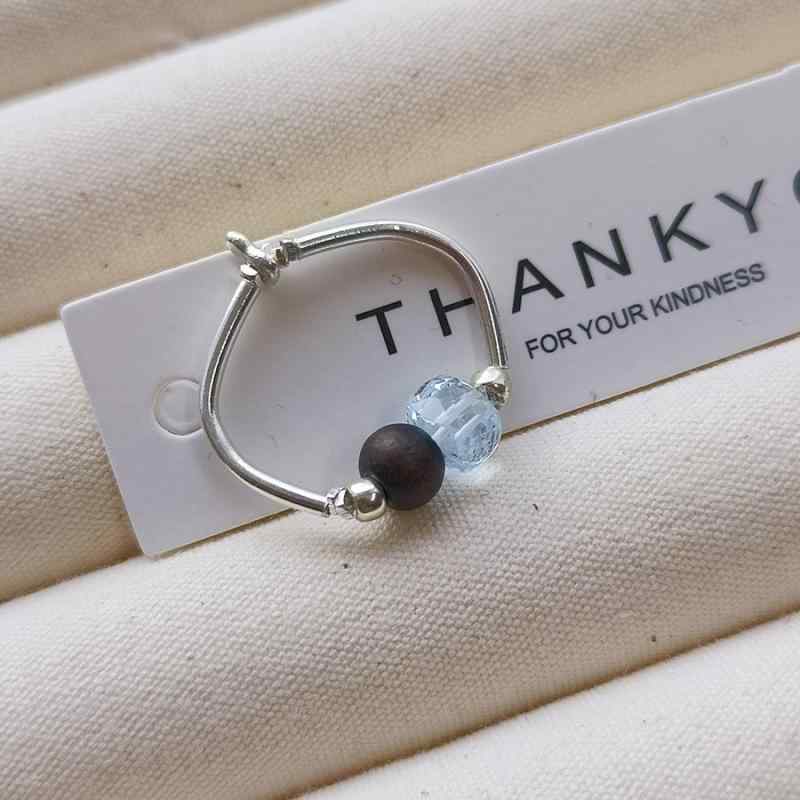 リング レディース 天然水晶 アクアマリン ブルートパーズ 925シルバー オールドサンダルウッド 沈香 カーブデザイン ハンドメイド 調節可能 個性的 繊細 高級感 ライトラグジュアリー