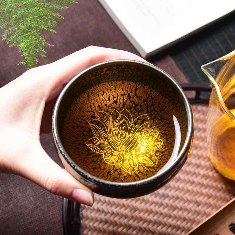 茶碗 建盞 油滴 主人杯 鉄胎 陶器 銀絵 手描き 祥龍 鳳凰 蓮 蓮蓬 錦鯉 高級感 おしゃれ 家庭用 来客用..