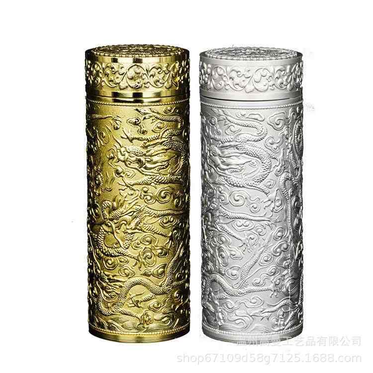 保温マグカップ 男女兼用 ユニセックス ステンレス製 九龍 百福柄 新中式デザイン 銀メッキ 真空断熱 ..