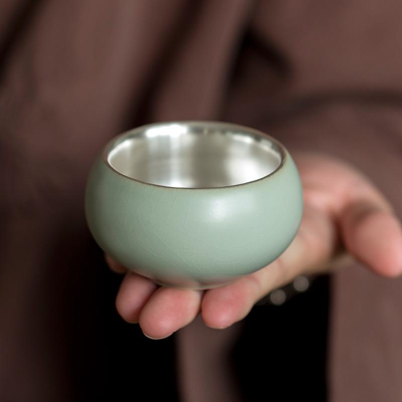 茶碗 汝窯 銀メッキ 陶磁器 個人用 茶杯 湯呑み 功夫茶 中国茶 試飲杯 品茗杯 レトロ 高級感 磁器製 茶..