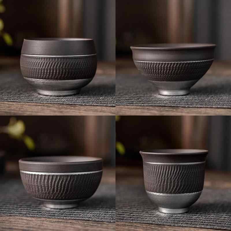 湯呑み 紫砂 手作り 跳刀彫り 銀彩 個人用 茶碗 煎茶碗 モダン シンプル 上質 高級感 来客用 おうち時間 マイカップ 徳化窯 和食器