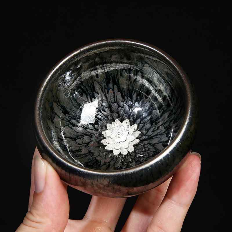 建盞 純銀象嵌 鉄胎 手作り 百花油滴天目 功夫茶器 主人杯 品茗杯 大きめ 茶碗 カップ 湯呑み 高級感 ..