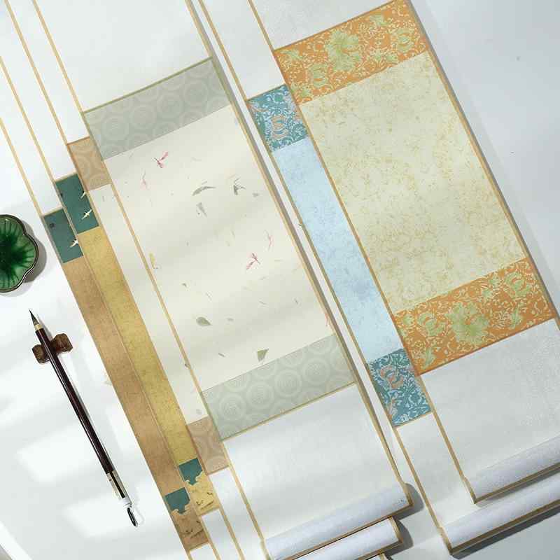 掛軸 空白 宣紙 書道 水墨画 工筆画 練習用 作品用 手作り 半熟宣 アンティーク調 描金 吉祥柄 花柄 和風 インテリア 多色展開