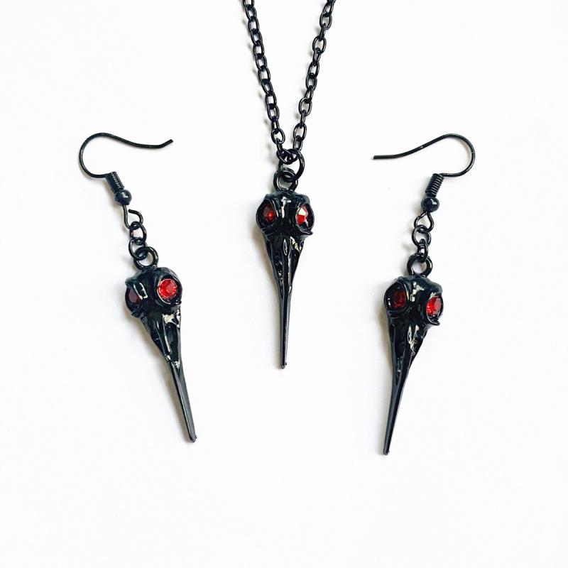 アクセサリー ユニセックス ブラック 3D カラス スカル ネックレス レッド ビーズ イヤリング セット ..
