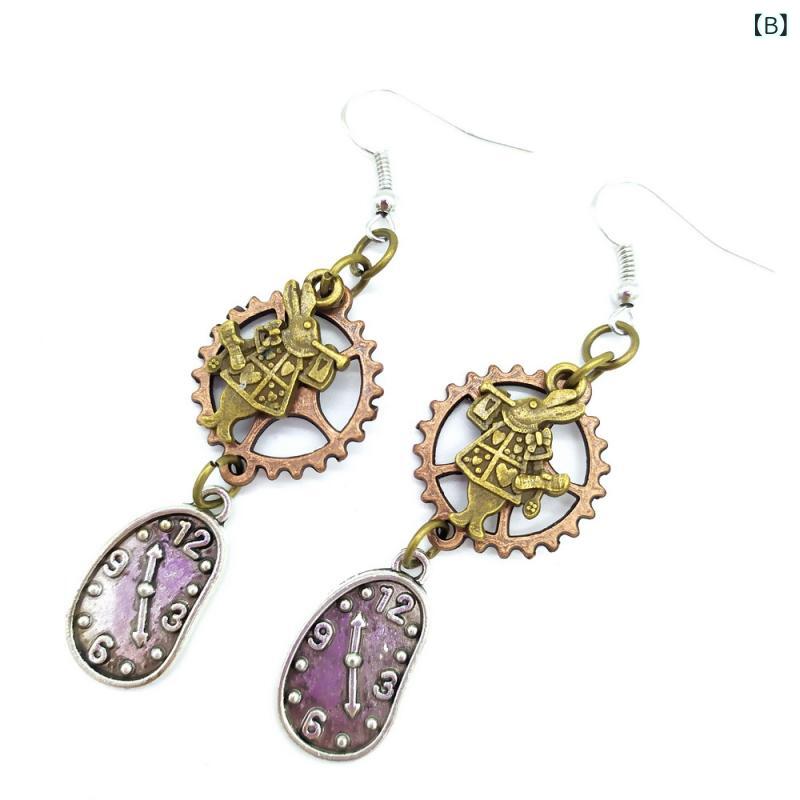 ピアス レディース スチームパンク 歯車 時計モチーフ レトロ アンティーク調 合金 かわいい ラッパうさぎ 変形 ブロンズ アンティークシルバー