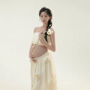 マタニティ ワンピース 撮影用 マタニティフォト 衣装 個性的 幻想的 花柄 ロング丈 ノースリーブ ウエストリボン ポリエステル素材 オフホワイト アート写真 ムード(x2)