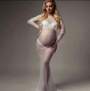 マタニティドレス 妊婦 マタニティフォト 撮影 衣装 ワンピース ソフトネット シースルー 長袖 ラウンドネック ミディ丈 フィット ボディライン フェミニン エレガント かわいい アシンメトリー スタジオ撮影 記念写真(x2)