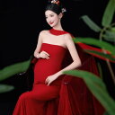 ワンピース マタニティ 妊婦向け チューブトップ ビスチェドレス レトロ 新中華風 モダンチャイニーズ マタニティフォト 撮影用 衣装 記念写真 アート写真 スタジオ撮影 レッド ポリエステル ミモレ丈