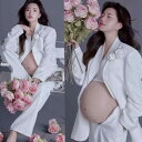 マタニティ スーツ セットアップ ホワイト 妊婦服 撮影用 フォトスタジオ 記念写真 マタニティフォト 七分袖 ジャケット パンツ シェニール素材 カジュアル フォーマルスタイル