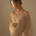 ワンピース マタニティ 妊婦 記念写真 撮影用 アートフォト ドレス シフォン ポリエステル チュール フリル袖 長袖 ロング丈 ハーフオープンネック シャンパンカラー ふんわり フレア レトロ クラシカル(x2)
