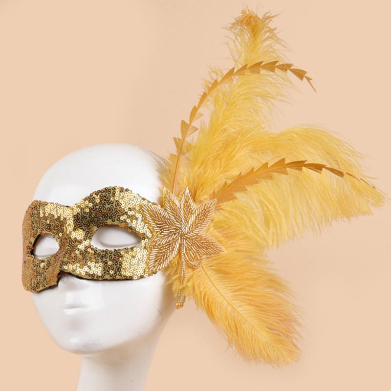 Full Mask - 仮面 ハロウィン スパンコール フェザー 半顔 プラスチック製 プリンセス 仮装パーティー 仮面舞踏会 ゴールド シルバー ブラック 欧米風 コスプレ 学園祭 イベント小物