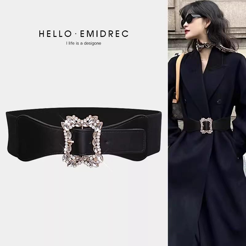 サッシュベルト レディース 幅広 ウエストマークベルト ラインストーン装飾 高級感 伸縮性ゴム ワンピース スカート ニット アウター コート コーディネート ブラック フェイクパールバックル