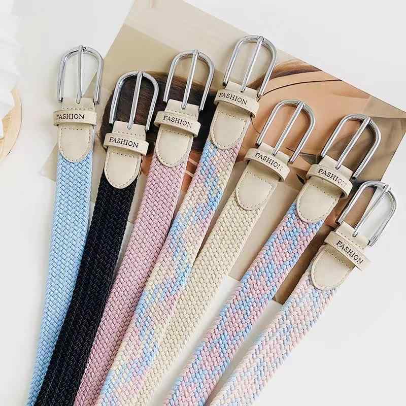 レディース ベルト 女性用 布製 織物 穴なし 編み込み ストレッチ ピンバックル デニム ジーンズ ウエストマーク カジュアル ナチュラル 韓国風 簡単着用 普段使い パウダーブルー ブルー ピンク オフホワイト ブラック