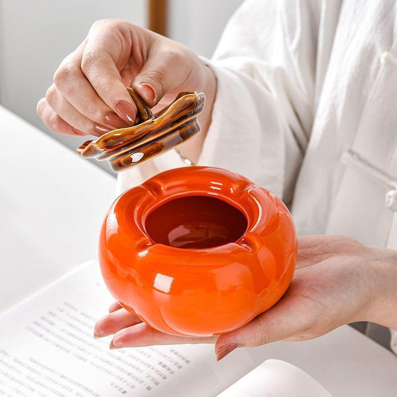 灰皿 柿モチーフ 大型 陶器製 蓋付き シンプル モダン ユニークデザイン 置物 インテリア オブジェ 和..