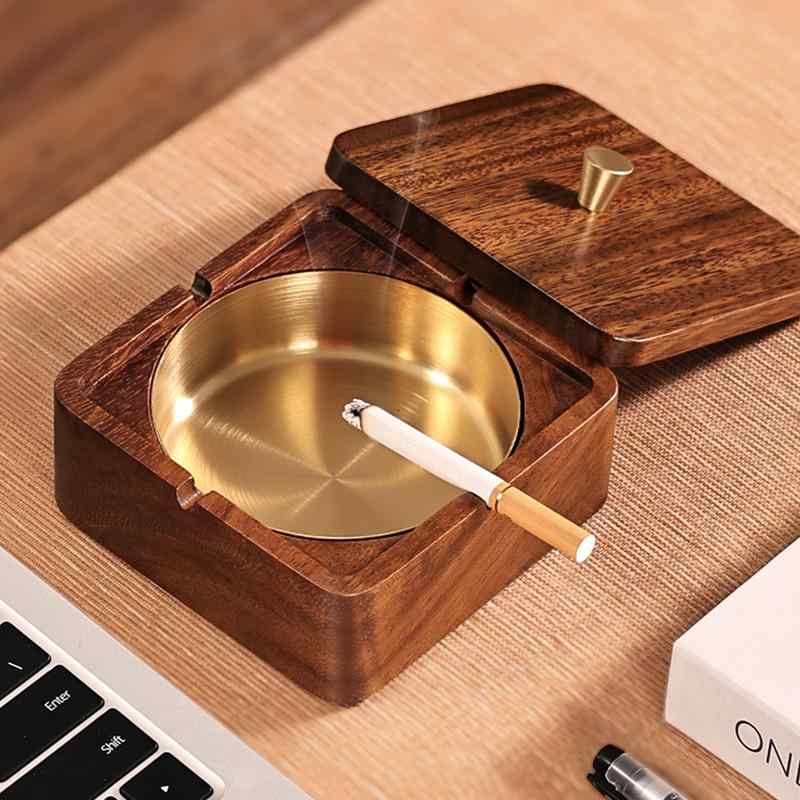 灰皿 南米クルミ材 ウォールナット材 無垢材 天然木製 円形 蓋付き ゴールド 家庭用 オフィス用 デスク..