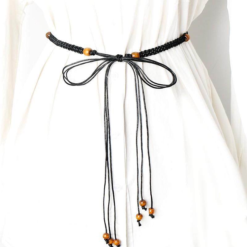 装飾ベルト レディース 女性用 エスニック 民族風 編み込み デザイン レトロ ヴィンテージ ボヘミアン ファッション ウエストマーク 細見え ワンピース チュニック スカート コーデ 蝋引き紐 織布 黒 茶色 多色展開