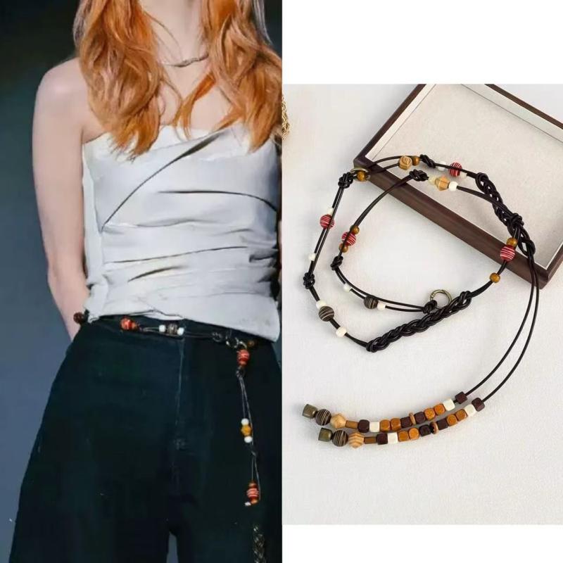 ベルト 牛革 本革 ハンドメイド 編み込み ボヘミアン エスニック ビーズ フリンジ 細身 ウエストマーク ワンピース ドレス アクセント ブラック ブラウン カーキ ブルー 上品 カジュアル エレガント 万能