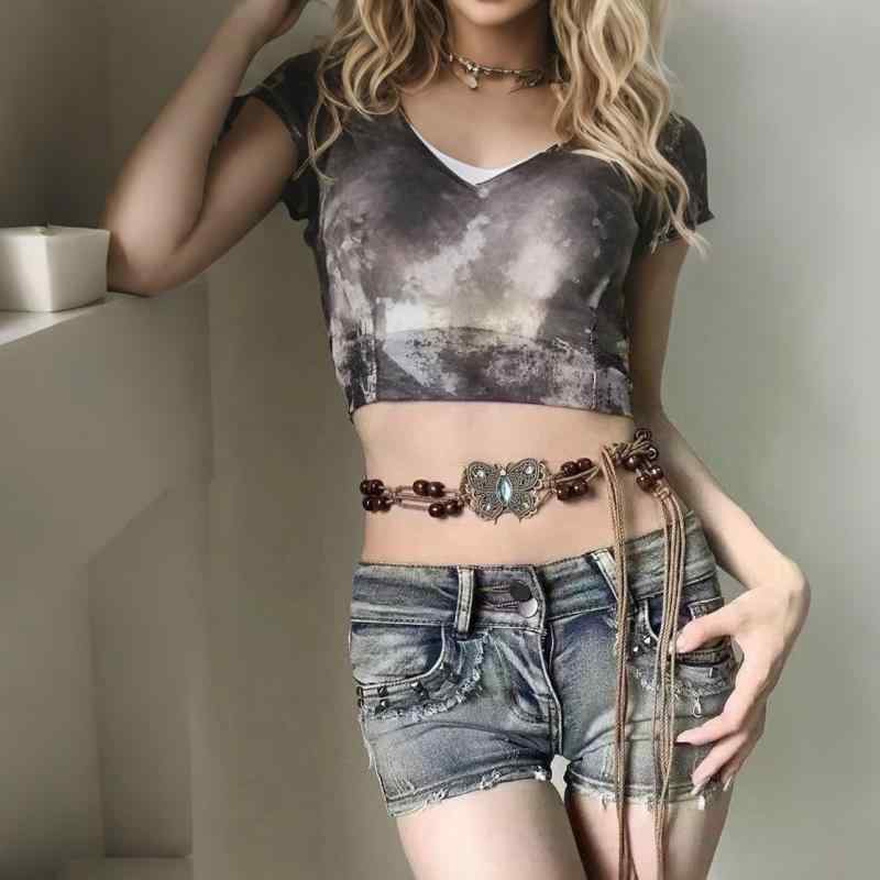 ベルト レディース ボヘミアン エスニック レトロ 民族調 編み込み 布製 太め幅 リボン結び 蝶柄 カジ..