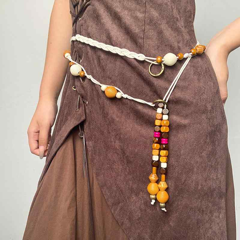 ウエストチェーン レディース ボヘミアン 木製ビーズ 編み込み スクエア レトロ エスニック ベルト 個..