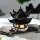 ミニチュア LEDライト付き 吸水石 盆栽 ジオラマ 岩山 古建築 涼亭 レトロ調 3Dプリント製 卓上置物 室内インテリア 癒やしグッズ プラスチック製 精巧...