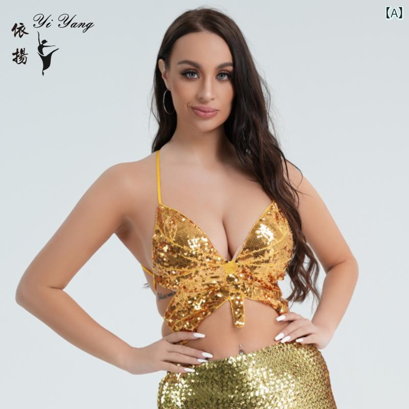 ダンス 衣装 レディース ベリーダンス スパンコール トップス 蝶々型 ブラ ステージ パフォーマンス ナ..