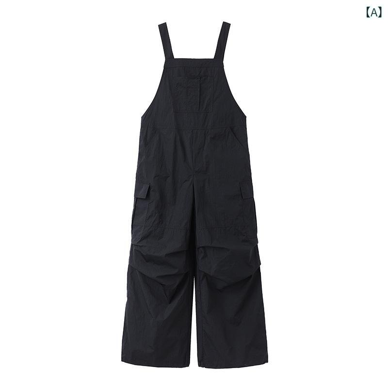 オールインワン レディース サロペット 黒 ブラック カジュアル ワイドパンツ ロング丈 フルレングス ハイウエスト ポリエステル ポケット付き ノンストレッチ ワークテイスト