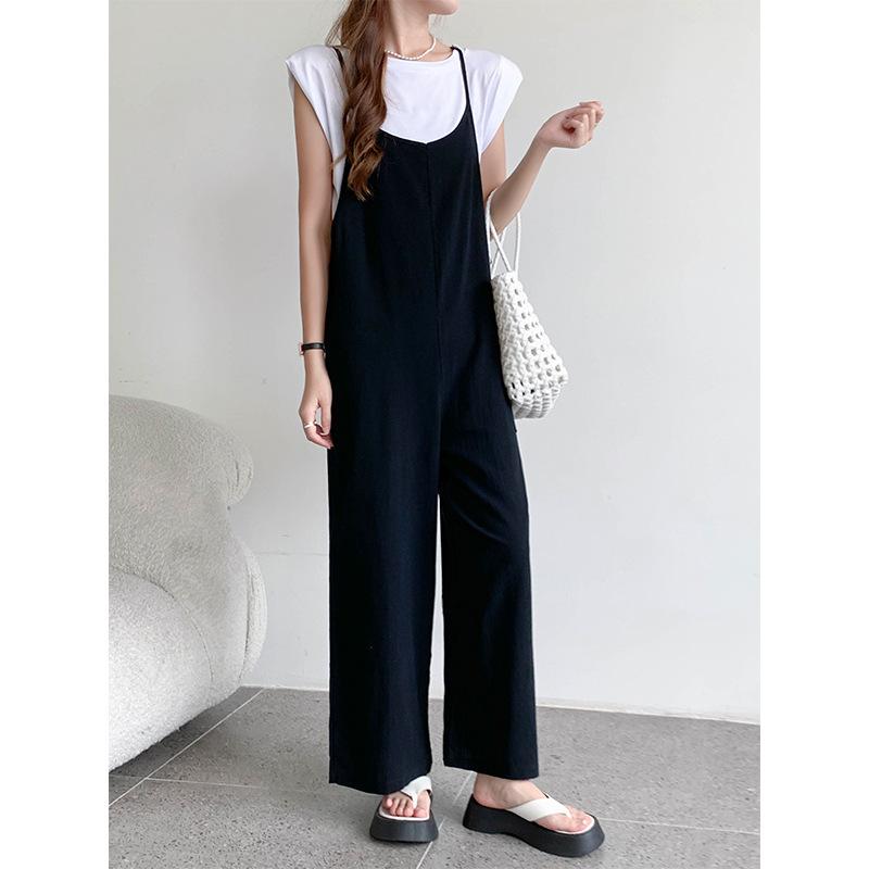 サロペット レトロ かわいい 若見え 細見え 合わせやすい カジュアル ブラック ワイド ゆったり 綿麻 ノースリーブ ロング丈 快適 伸縮性