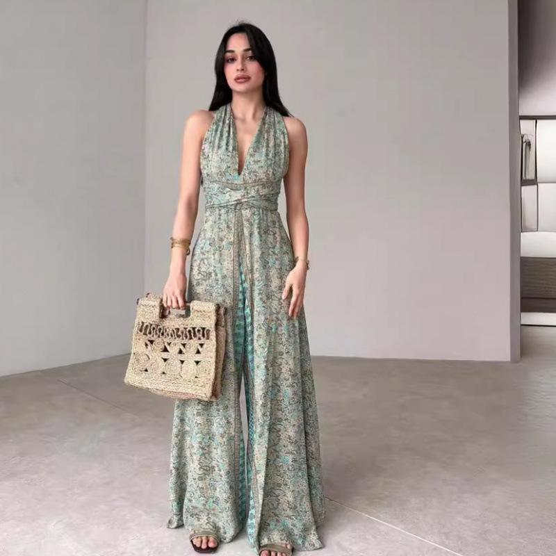 オールインワン レディース 小花柄プリント ハイウエスト バックオープン セクシー ワイドパンツ ロング丈 ノースリーブ コンビネゾン ポリエステル ストレッチ カジュアルスタイル ライトグリーン