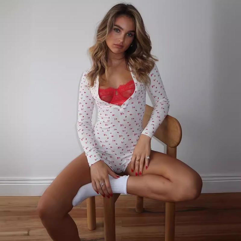 ロンパース オールインワン レディース 長袖 花柄 プリント ショート丈 ハイウエスト ストレート カジュアル ストリートファッション ポリエステル 伸縮性 ホワイト ブルー