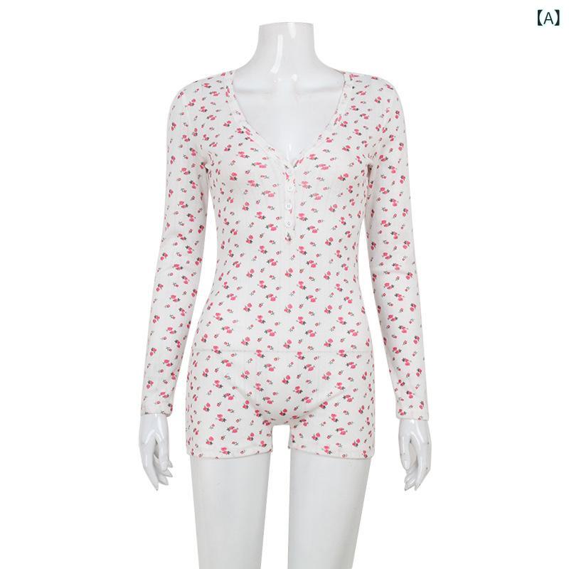 Grams楽天市場店のロンパース オールインワン レディース 長袖 花柄 プリント ショート丈 ハイウエスト ストレート カジュアル ストリートファッション ポリエステル 伸縮性 ホワイト ブルー｜アングル2