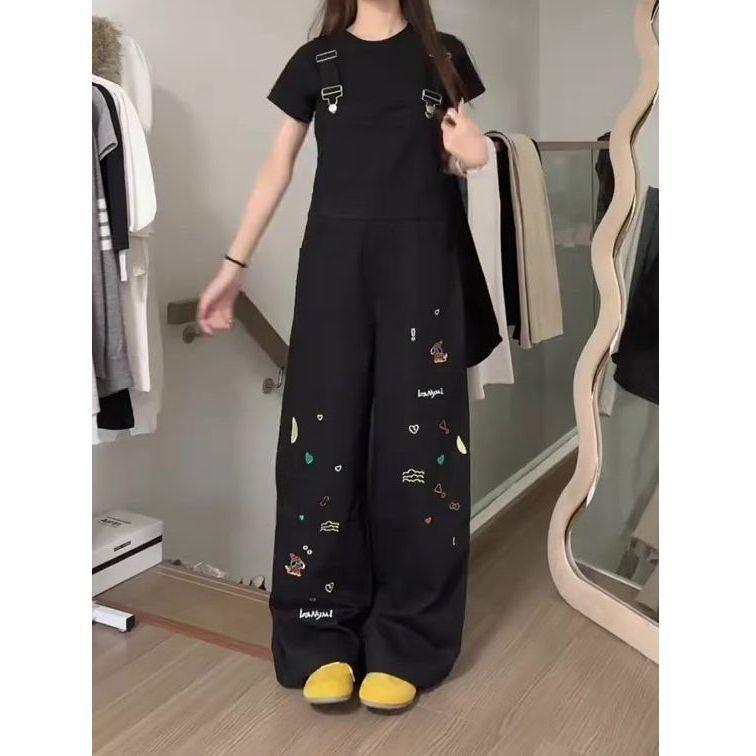 オーバーオール レディース デニム サロペット アメカジ キャラクター グラフィティ 刺繡 ショート丈 ..