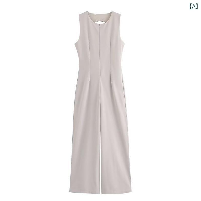 オールインワン レディース 欧米風 ファッション おしゃれ クルーネック ノースリーブ 背中開き ワイドパンツ ロング丈 コンビネゾン サロペット ポリエステル 伸縮性 薄手 ストリートカジュアル 普段使い ミドルウエスト 体型カバー リラックスフィット
