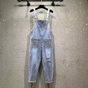 サロペット レディース デニム オールインワン ワイドパンツ ゆったり ルーズフィット ラインストーン装飾 ダメージ加工 体型カバー コットン サルエル クロップド丈 アンクル丈 カジュアル デイリー ライトブルー 淡色