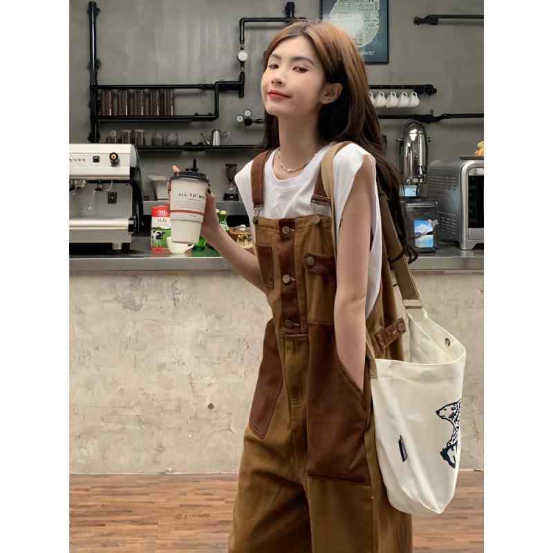 デニム サロペット レディース アメリカン レトロ ルーズ ワイド ストレート ハイウエスト フルレングス ダメージ加工 パッチワーク コットン ブラウン ブラック