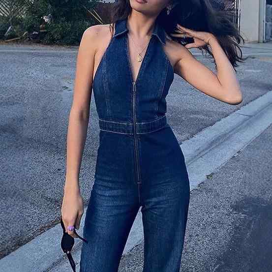 オールインワン レディース デニム コットン ハイウエスト 細見え スタイルアップ ノースリーブ ロング..