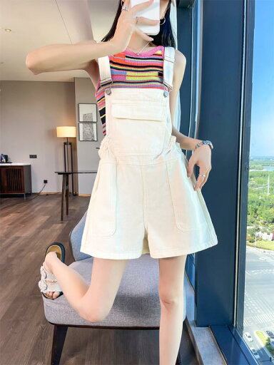サロペット レディース デニム ショートパンツ ホワイト 薄手 ゆったり ワイドシルエット 着痩せ効果 若見え ハイウエスト ボタン カジュアルスタイル(x2) サロペット レディース デニム ショートパンツ ホワイト 薄手 ゆったり ワイドシルエット 着痩せ効果 若見え ハイウエスト ボタン カジュアルスタイル(x2)