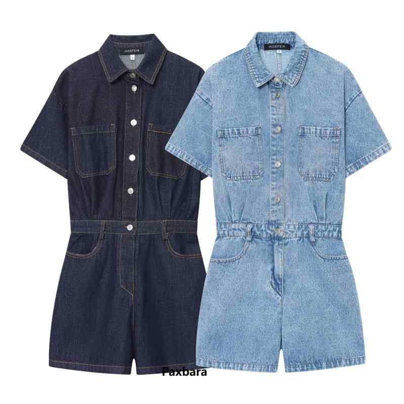 ロンパース レディース デニム オールインワン ストリートカジュアル 欧米風 ゆったり ミドルウエスト 半袖 ボタン装飾 ブルー系 切り替え ノンストレッチ