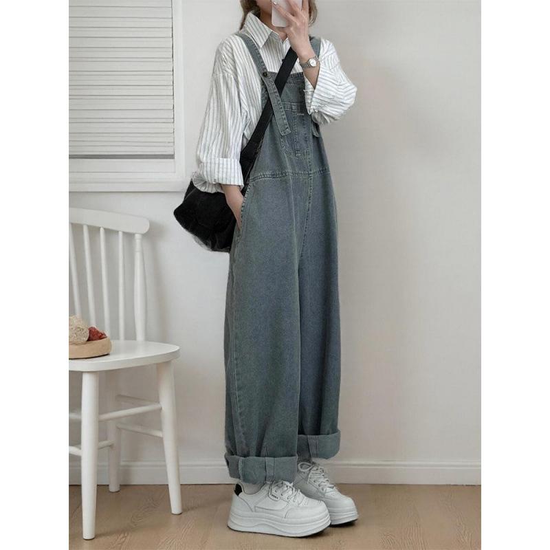 デニム レディース オーバーオール サロペット 綿 ライトカラー ゆったり ワイドストレート ハイウエスト ロング丈 細見え効果 デザイン性 パッチワーク ウォッシュ加工 ユーズド加工 きれいめカジュアル