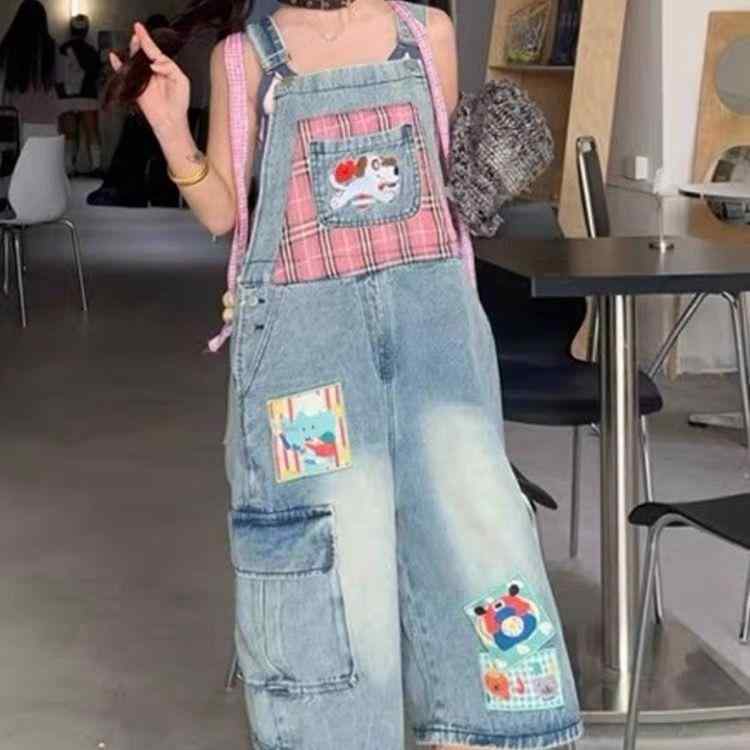 サロペット レディース デニム オーバーオール ワイドレッグ ゆったり 体型カバー アメカジ キャラクタ..