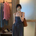 サロペット レディース デニム キャミソール ワイドパンツ ワークデザイン オールインワン 薄手 高級感 エレガント きれいめ 夏物 ハイウエスト ポリエステル ブルー 通勤 普段使い