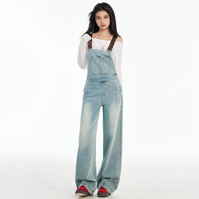 オーバーオール レディース デニム ライトブルー 小柄さん 低身長向け 若見え ストレートシルエット ハイウエスト コットン素材 ロング丈 切り替えデザイン 通勤 カジュアル 大人可愛い