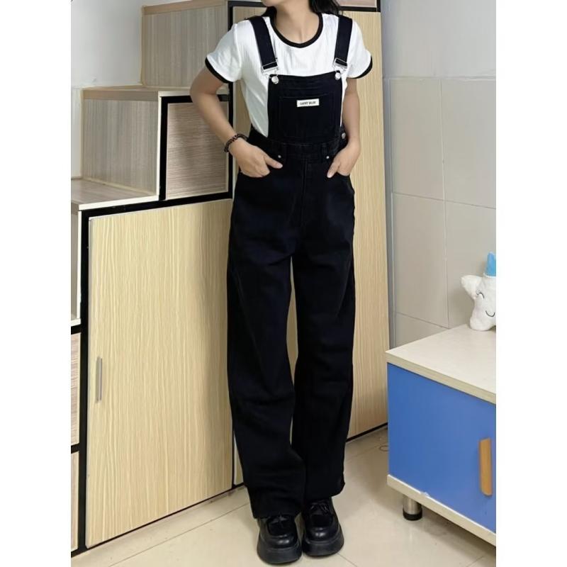 デニムサロペット レディース オールインワン ゆったり オーバーサイズ ブラック ワイドシルエット ス..